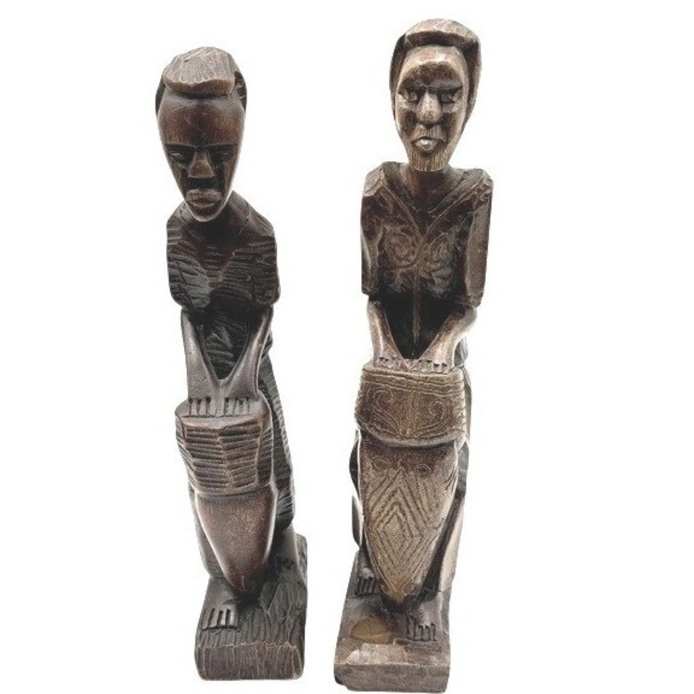 Hand Carved Wood Drummer Figurine Set Tribal African Art Decor Men Drums - Picture 5 of 12